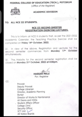 FCE (T) Potiskum notice on NCE III 2nd semester registration exercise, 2021/2022